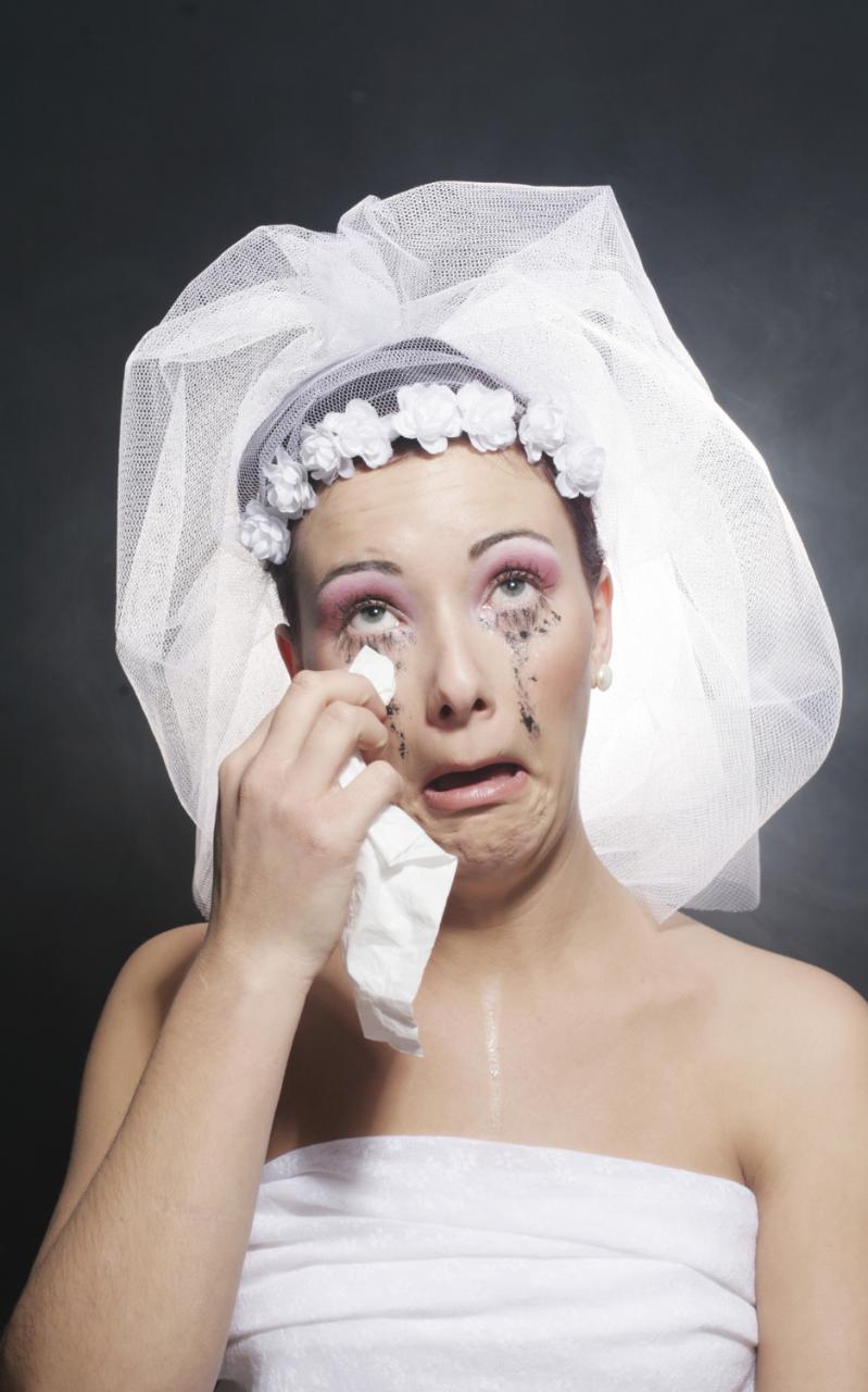 bride crying with makeup running down face